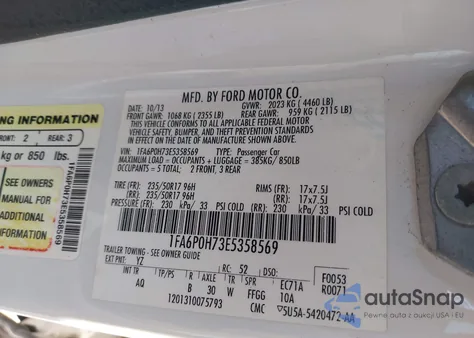 2014 Ford Fusion Se z USA, uszkodzony, nr VIN 1FA6P0H73E5358569